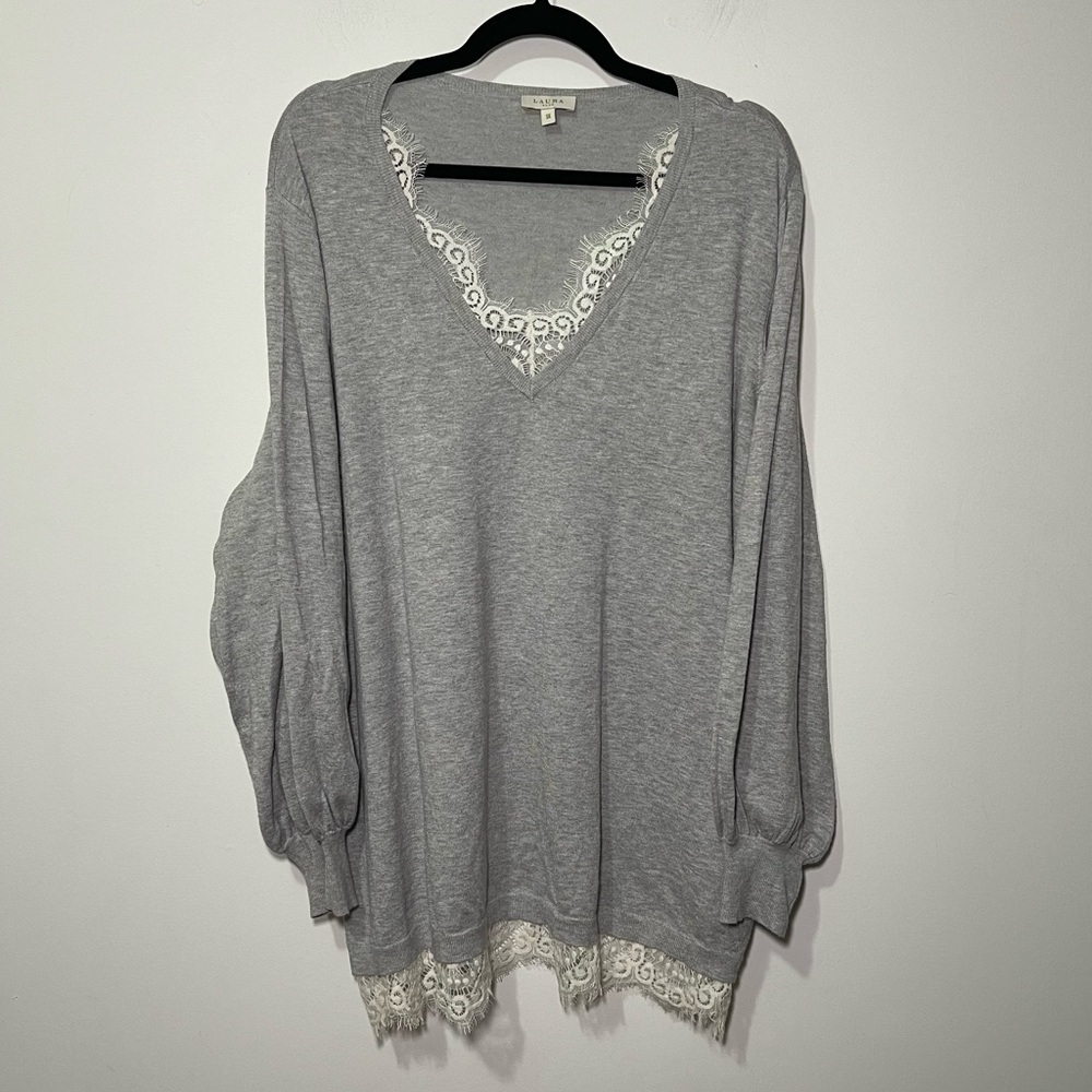 Laura Womens Grey Lace Trim V-Neck long balloon sleeve preppy knit sweater in 3X